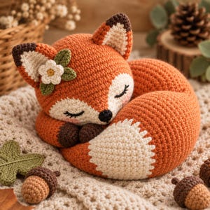 Può includere: Un peluche a forma di volpe realizzato all'uncinetto con filato arancione e bianco, con occhi chiusi, un piccolo naso nero e zampe marrone scuro. La volpe ha un fiore bianco con foglie verdi su un orecchio ed è raggomitolata nel sonno.