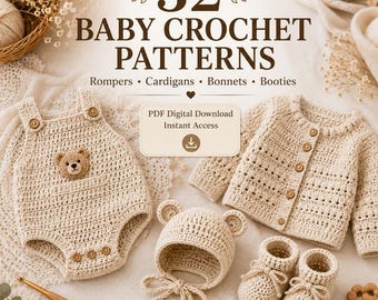32 Crochet Baby Patterns Bundle | Romper Cardigan Bonnet Booties PDF | Baby Clothes Crochet Pattern | Newborn Digital Download