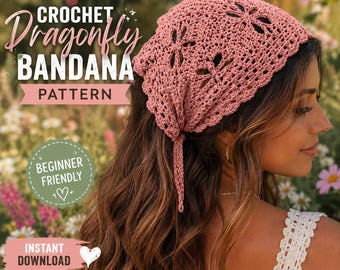 Crochet Bandana Pattern PDF | Boho Head Scarf Crochet Pattern | Cottagecore Bandana | Dragonfly Hair Scarf | Crochet Dragonfly Bandana