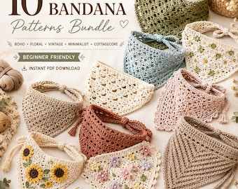 10 Crochet Bandana Patterns Bundle, Boho Head Scarf Crochet Pattern, Cottagecore Hair Scarf PDF, Festival Bandana Crochet, Beginner Friendly