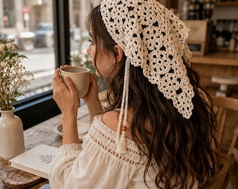 Crochet Bandana Pattern PDF | Floral Lace Head Scarf Pattern | Boho Crochet Kerchief | Cottagecore Hair Bandana Tutorial