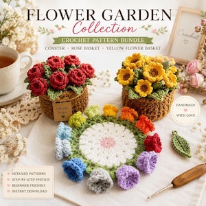 Könnte beinhalten: Ein Häkelmuster-Set mit dem Titel Flower Garden Collection, das Anleitungen für einen Untersetzer, einen Korb mit roten Rosen und einen Korb mit gelben Blumen enthält. Das Bild zeigt einen runden, mehrfarbigen Blumenuntersetzer, zwei braune Körbe mit gehäkelten roten Rosen und gelben Blumen sowie eine Häkelnadel aus Holz.