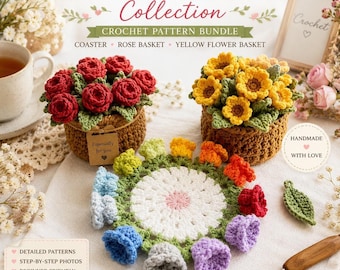 Crochet Flower Garden Pattern PDF | Coaster & Mini Flower Basket | Instant Download