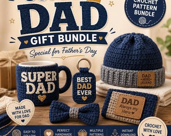 Super Dad Crochet Pattern Bundle | Father’s Day Crochet Patterns | Mug Cozy, Beanie, Keychain, Wallet & Bow Tie | PDF Download