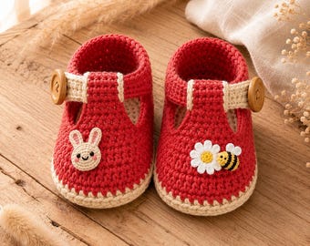 Crochet Baby Booties Pattern PDF, T-Strap Newborn Shoes Tutorial, Bunny Appliqué Baby Shower Gift, Beginner Friendly Instant Download