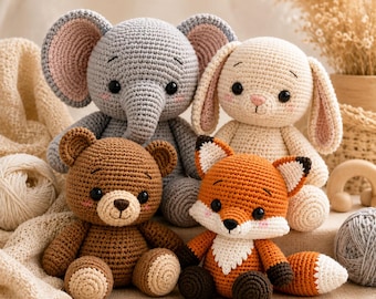 4 Animal Crochet Pattern Bundle | Elephant Bunny Bear Fox Amigurumi PDF | Cute Nursery Plush Toy Crochet Patterns | Instant Download