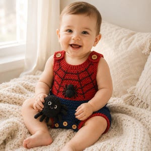 May include: A red and blue crocheted romper featuring a black spider web pattern on the chest, a small black spider appliqué, and light brown wooden buttons at the shoulders and leg openings, accompanied by a small black crocheted spider toy.