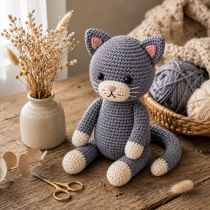 Può includere: Un peluche a forma di gatto lavorato all'uncinetto nei colori grigio e crema, con occhi di sicurezza neri, naso ricamato in rosa e zampe con punte bianche. Il gatto ha orecchie a punta con dettagli interni rosa e una lunga coda curva.
