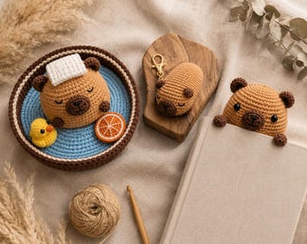 Crochet Capybara Pattern Bundle PDF | Hot Spring Capybara + Keychain + Bookmark | Amigurumi Pattern for Beginners | Instant Download