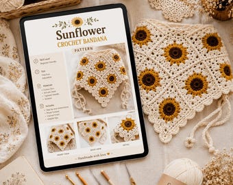 Sunflower Crochet Bandana Pattern PDF, Cottagecore Hair Scarf Crochet Pattern, Boho Kerchief Pattern, Floral Head Wrap, Instant Download