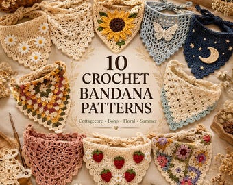 10 Crochet Bandana Patterns Bundle PDF | Cottagecore, Boho, Floral, Mesh Summer Head Scarf Crochet Pattern | Instant Download