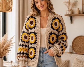 Sunflower Granny Square Cardigan Crochet Pattern PDF | Easy Boho Cardigan Pattern | Crochet Sunflower | Instant Download