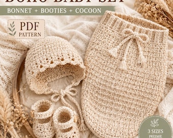 Boho Baby Set Crochet Pattern PDF | Baby Bonnet Booties Cocoon Pattern | Newborn Photography Prop | Instant Download (EASY)