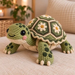May include: A crocheted turtle plush toy featuring a light green head and limbs with dark green spots and pink cheeks. The shell is constructed from hexagonal patches in shades of green, each decorated with a white and yellow daisy flower motif.