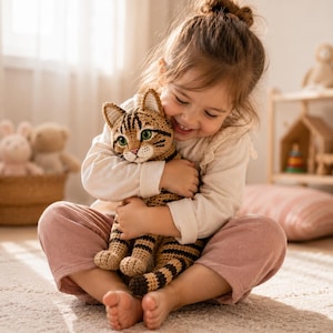 May include: A crocheted stuffed cat toy featuring a tan and brown striped tabby pattern, pointed ears, and large green eyes. The toy has a detailed stitched nose and mouth, with a long tail extending downward, crafted from yarn in a realistic style.