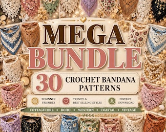 30 Crochet Bandana Patterns Bundle, Crochet Head Scarf Pattern, Boho Bandana Crochet Pattern, Cottagecore Bandana, Beginner Crochet Pattern