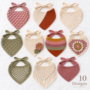 May include: A collection of ten triangular crochet bandanas featuring various textures, patterns, and colors including dusty pink, cream, terracotta, sage green, and multi-colored stripes. Some designs include fringe, floral appliqués, and openwork.