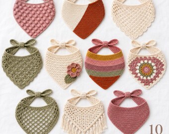 10 Crochet Bandana Patterns | Baby Bib Bandana | Bobble Lace Granny Stripe Fringe | PDF Download | Beginner Crochet Pattern Bundle