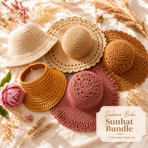 May include: A collection of five crochet hats and a visor in beige, tan, brown, and dusty rose colours. The items feature various textures and brim styles, including wide brims and fringe details. A label reads Summer Boho Sunhat Bundle - 5 Crochet Patterns.