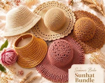 Crochet Sunhat Pattern Bundle PDF, 5 Women's Hat Designs, Boho Summer Hat, Shell Stitch Bucket Hat, Beginner to Advanced, Instant Download