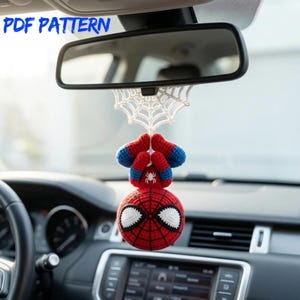 Portachiavi per specchietto retrovisore Spiderman all'uncinetto (PDF) / Portachiavi da appendere supereroe fatto a mano / Accessorio per specchietto retrovisore a ragnatela / Simpatico regalo decorativo per auto