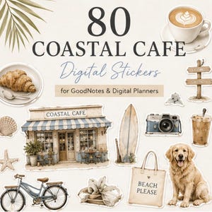 以下が含まれることがあります： GoodNotesおよびデジタルプランナー用の80種類のCoastal Cafeデジタルステッカーセット。カフェの建物、サーフボード、自転車、ゴールデンレトリバー、カメラ、コーヒーカップ、クロワッサン、トートバッグのイラストが含まれています。