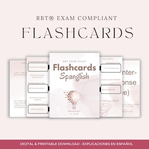 Puede incluir: Un conjunto de tarjetas de estudio conformes al examen RBT con fondo rosa claro. La tarjeta central presenta un gráfico de globo aerostático hecho de mariposas y el texto Flashcards Spanglish. Otras tarjetas muestran cuadros de texto para datos.