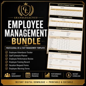 Può includere: Un pacchetto di gestione del personale con modelli HR professionali. Il design nero e oro include un registro presenze, un pianificatore settimanale, una valutazione delle prestazioni e un modulo di richiesta ferie con griglie.