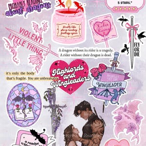 May include: A collection of fantasy-themed stickers featuring pink and purple hues, including illustrations of dragons, swords, books, and hearts. Text elements include quotes like 'Probably reading about dragons', 'Violent little thing', and 'A reader without their Kindle is a tragedy', alongside a central illustration of two figures.