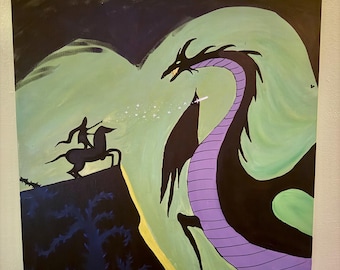 Acrylic Painting: Dragon Battle, Inspired by Eyvind Earle (24x24)