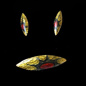 La broche et les boucles d’oreilles jules perrier émail des années 1960 placent le Québec abstrait moderne Post moderne or noir rouge