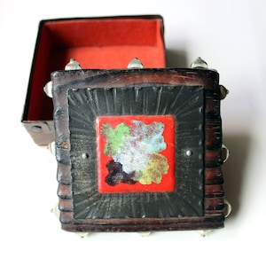 Midcentury modernist brutalist enameled metal wood trinket jewelry box handcrafted  abstract modern design  rustic artisan MCM