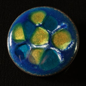 1960s Modernist Mid Century enamel Brooch Pin  Artisan Abstract Enamelist MCM handmade blue, yellow fused glass enamel