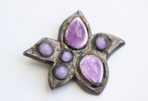 1950s Y. Tindas  bronze brooch purple poured glas… - image 1