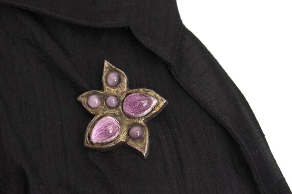 1950s Y. Tindas  bronze brooch purple poured glas… - image 10
