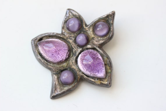 1950s Y. Tindas  bronze brooch purple poured glas… - image 3