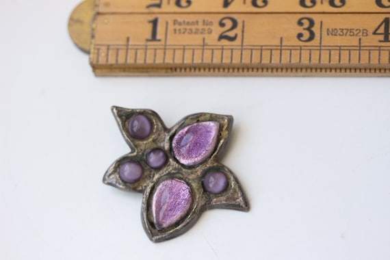 1950s Y. Tindas  bronze brooch purple poured glas… - image 6