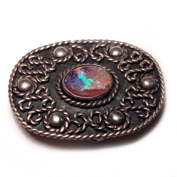 1970s Los Ballesteros Fire opal gemstone sterling silver brooch pendant Mexico Mexican opal