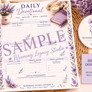 May include: A daily devotional planner page featuring a lavender floral border, sections for verse, reflection, prayer, and gratitude, with the text Daily Devotional, Blooming Legacy Studio, and Sample printed in purple ink on a white background.