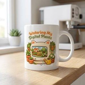Könnte beinhalten: Ein weißer Keramikbecher mit einer bunten Grafik eines Retro-Computers mit Katzenohren, umgeben von Topfpflanzen und einer kleinen gelben Gießkanne. Der Text "Watering My Digital Plants" ist in einer verspielten Schrift über dem Bildschirm gedruckt.