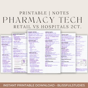 May include: A set of printable study notes titled PHARMACY TECH RETAIL VS HOSPITALS 2CT. The pages feature handwritten purple text on a white grid background, covering topics like institutional pharmacy, medication orders, and regulatory agencies.