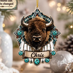 Ornement personnalisé avec nom, motif bison à plumes, style bohème sud-ouest, perles turquoise synthétiques, imprimé western pour les fêtes, ornement plat 2D
