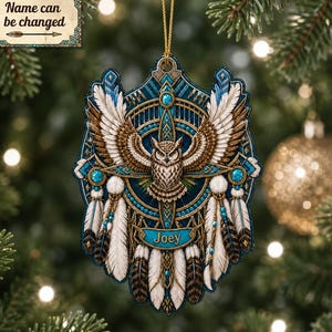 Ornament met imitatie turkooizen kralen, zuidwestelijke boho-stijl, gevederde uil, gepersonaliseerd met naam, bedrukte nachtvogel, feestelijke decoratie, plat 2D-ornament.