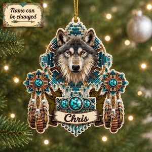 Ornement personnalisé avec nom, motif loup à plumes, style bohème sud-ouest, perles turquoise synthétiques, imprimé forêt, décoration de Noël, ornement plat 2D