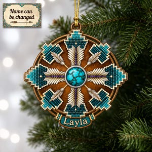 Faux Turquoise Bead Southwestern Boho Arrow Geometric Mandala Custom Name Ornament, Printed Winter Holiday Accent, Shaped Flat 2D Ornament