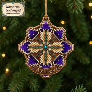 Faux Purple Bead Southwestern Boho Arrow Geometric Mandala Custom Name Ornament, Printed Winter Holiday Accent, Shaped Flat 2D Ornament