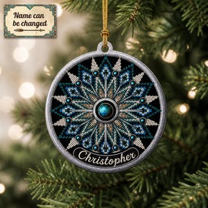 Faux Blue Bead Southwestern Boho Compass Geometric Mandala Custom Name Ornament, Printed Rustic Holiday Accent, Round Flat 2D Ornament
