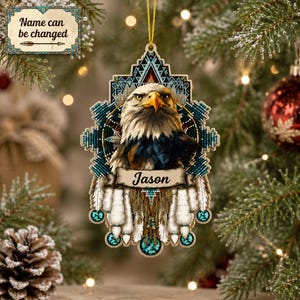 Ornament met imitatie turkooizen kralen in de vorm van een Amerikaanse zeearend met veren in Zuidwestelijke boho-stijl, gepersonaliseerd met naam, bedrukt natuurmotief, plat 2D-ornament.