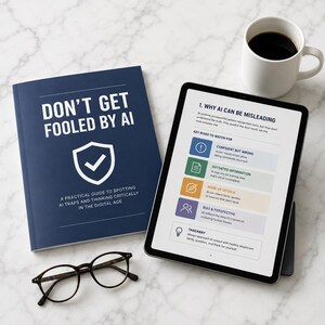 May include: A dark blue book titled Don't Get Fooled By AI with a white shield icon, a tablet displaying a page titled Why AI Can Be Misleading with colourful risk categories, a pair of black-rimmed glasses, and a white mug filled with black coffee.