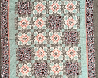 Quilted Lap Blanket With Gray, Aqua and Peach Tones